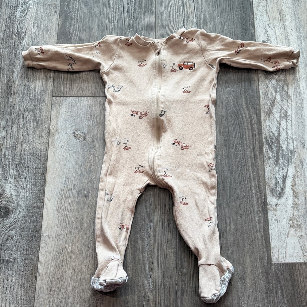 Pekkle Beige Footed Baby One-Piece with Vehicle Print‎